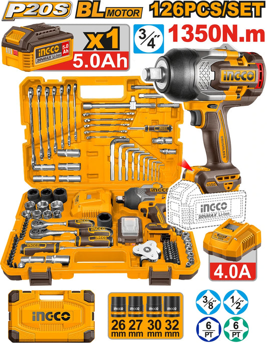 INGCO 126 Pcs Cordless impact wrench tools set HKTHP31261