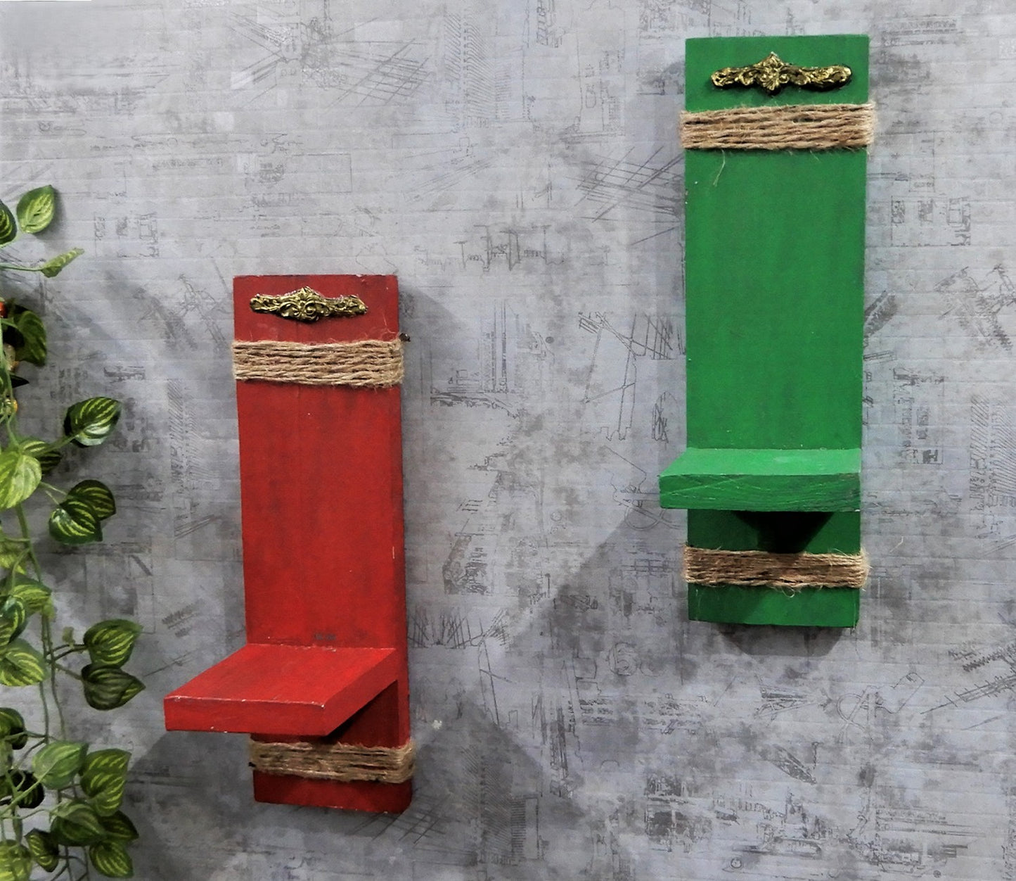 Udaipur Handicrafts Wood Green and Red Wall Shelves Combo Wall hanging