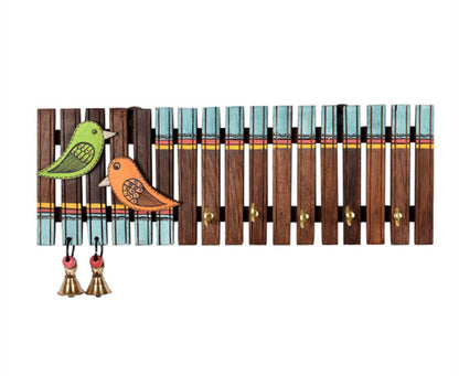 Udaipur Handicrafts Wood Handcrafted Tribal Art Wooden Stripes And Birds Key Holder