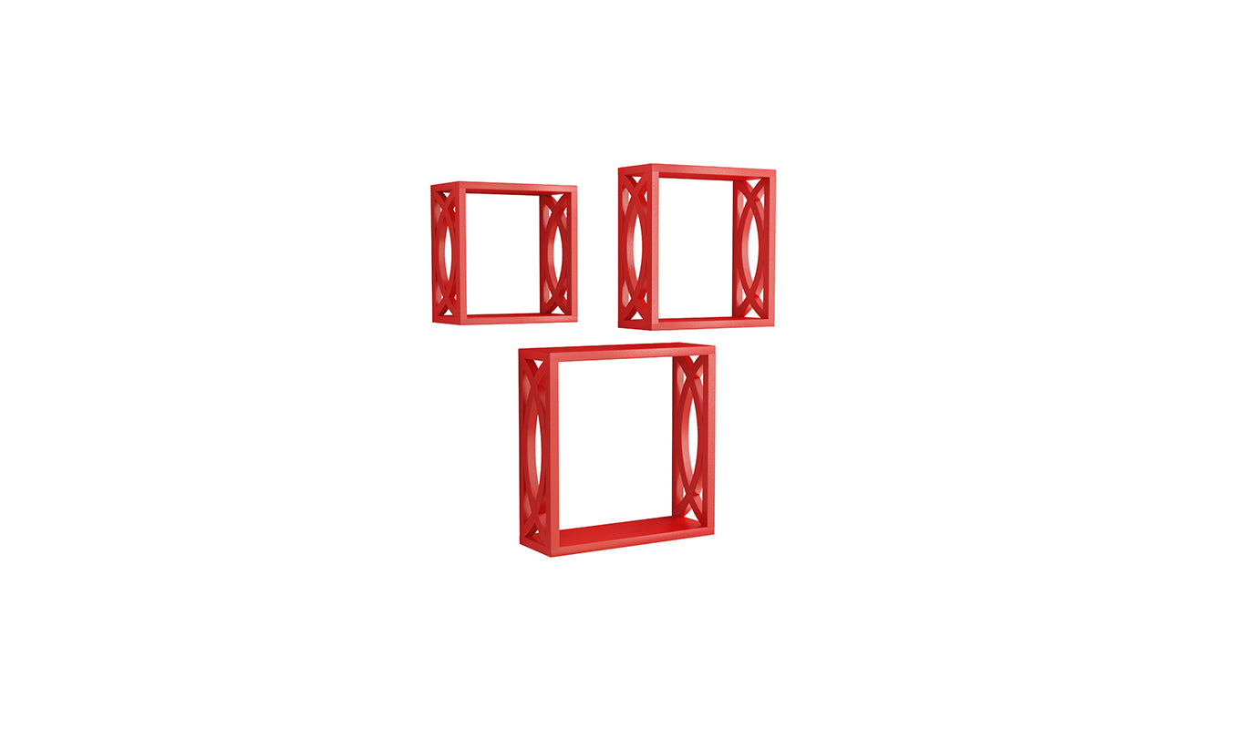 Udaipur Handicrafts Wood  Wall Mounted Cube Shelf Rack Set of 3 (Red)