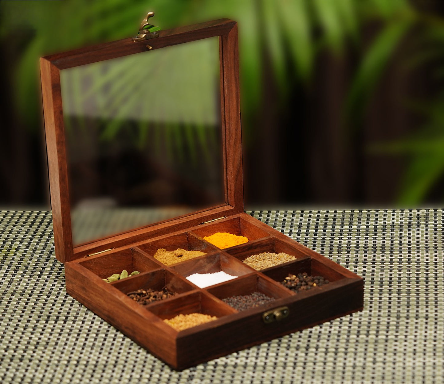 Udaipur Handicrafts Wood Brown Decorative Multi Purpose Spice Box With Nine Partitions And Spoon