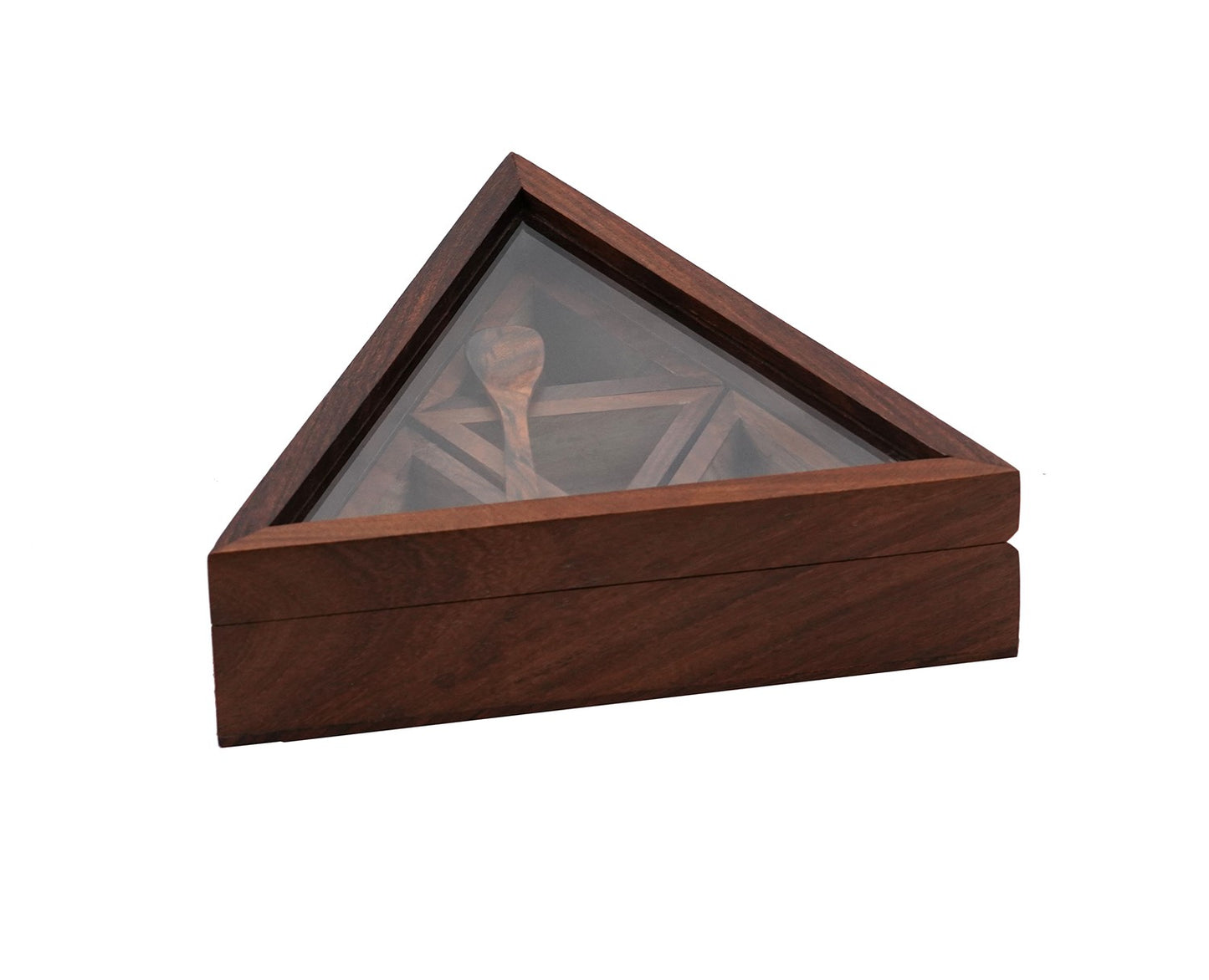 Udaipur Handicrafts  Wooden Spice Box In Triangle Shape With 4 Containers And Spoon