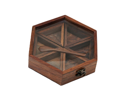 Udaipur Handicrafts Wooden Hand Crafted Spice Box With 6 Containers And Spoon