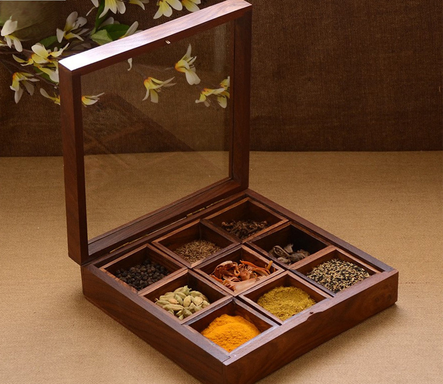 Udaipur Handicrafts Brown Square Shape Wooden Masala Box