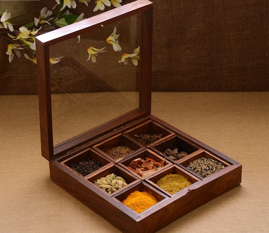 Udaipur Handicrafts Brown Square Shape Wooden Masala Box