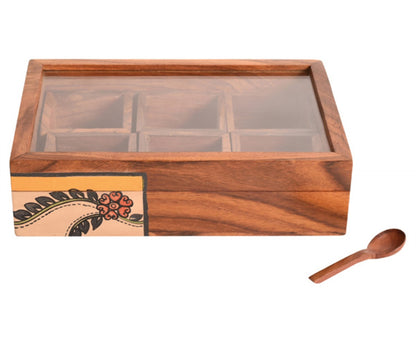 Udaipur Handicrafts  Wood Brown  Spice Box With Six Partitions And Spoon
