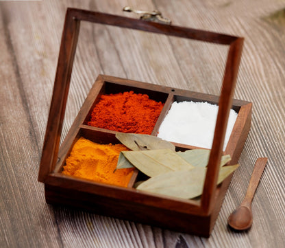 Udaipur Handicrafts Brown Wooden Spice Box With 4 Containers And Spoon
