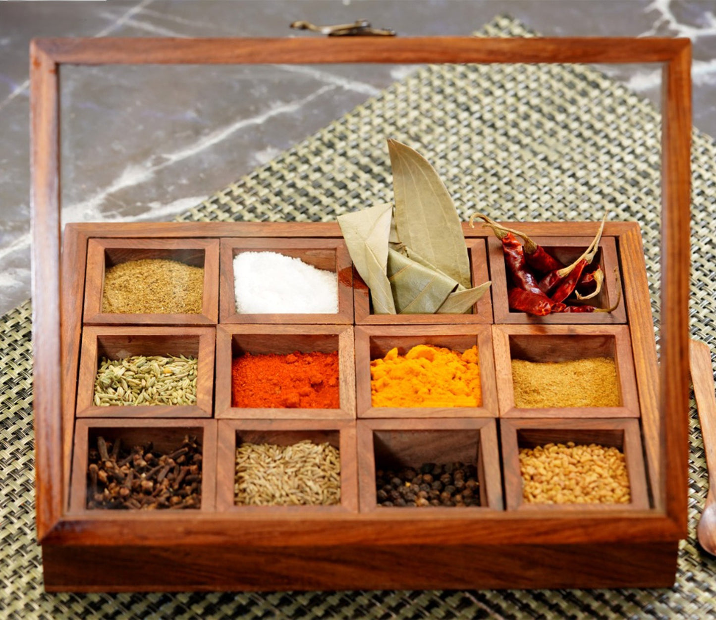 Udaipur Handicrafts Decorative Multi Purpose Wooden Spice Box With 12 Containers And Spoon