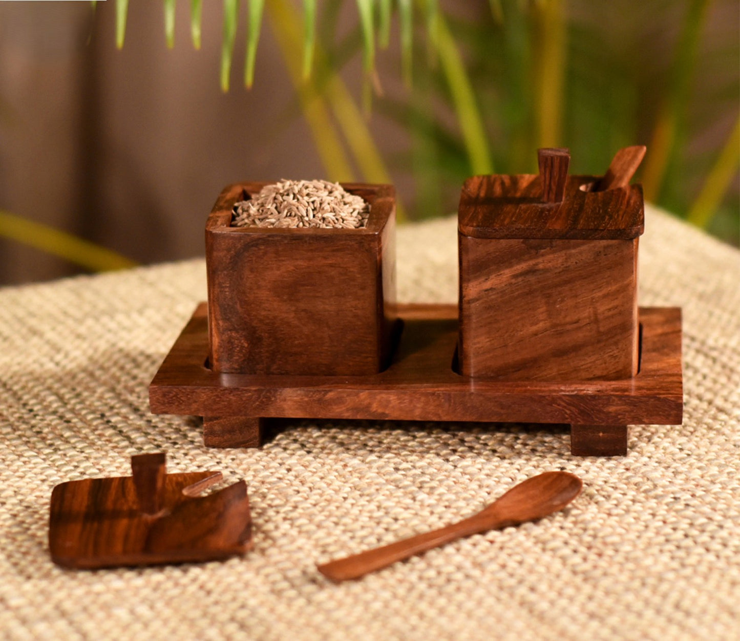 Udaipur Handicrafts Brown Set of 2 Hand carved Wooden Jars with Spoon and Tray