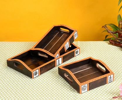Udaipur Handicrafts Wood Natural Brown Tribal Art Serving Trays - Set of 3