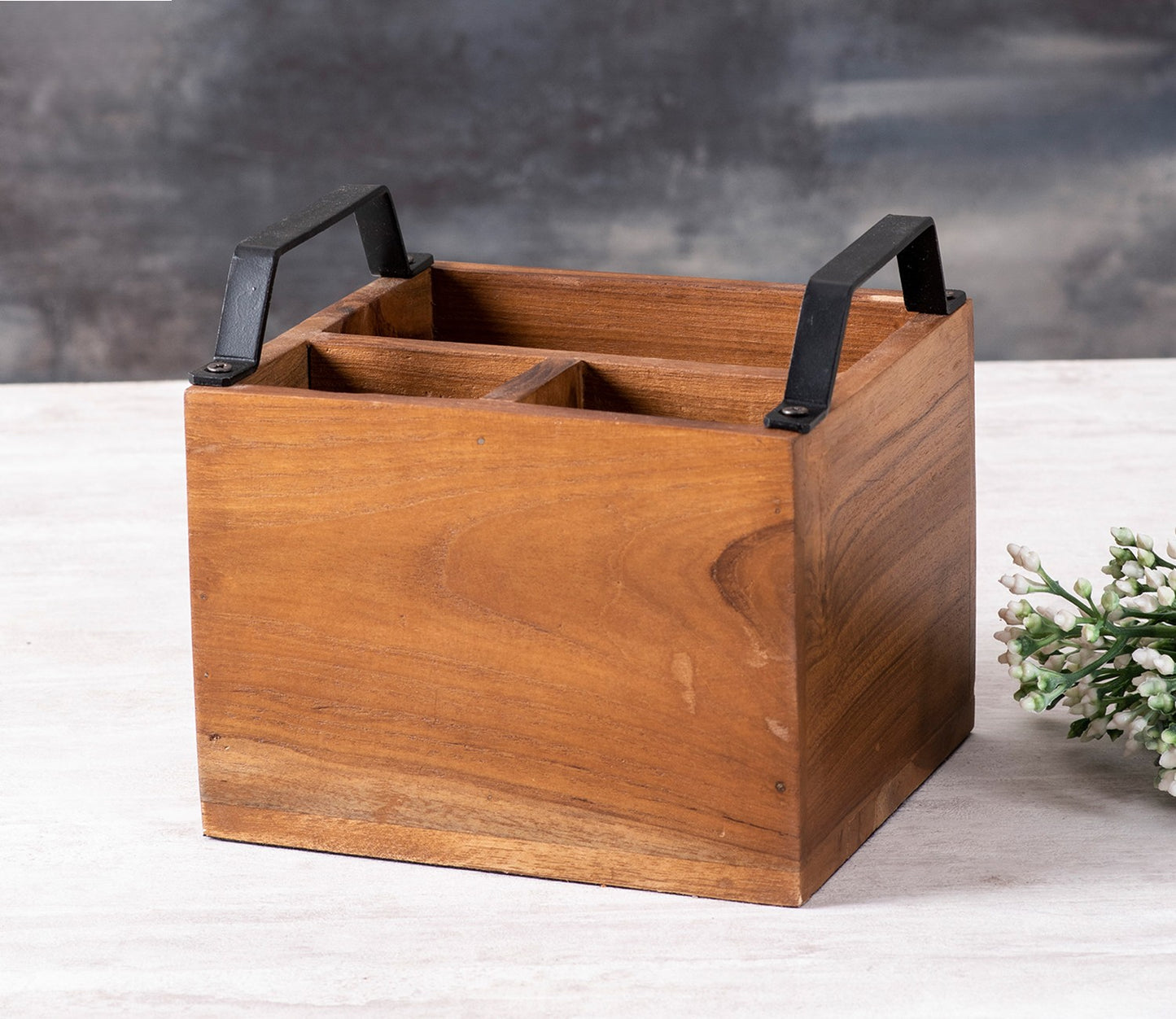 Udaipur Handicrafts Nestroots Wooden Spoon Stand & Napkin Holder for Kitchen | 7 Inch Brown Cutlery & Tissue Organizer for Dining Table