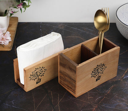 Udaipur Handicrafts Tree of Life Sheesham & Beech Wood Cutlery Holder and Napkin Holder Set of 2