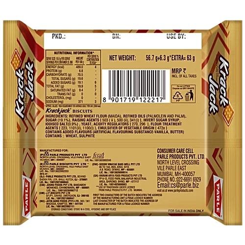 Parle Krack Jack Original Sweet & Salty Cracker Biscuit, 56.7 g (44.1 + 12.6 g Extra)