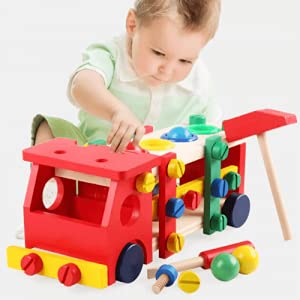 UdrCrafts® 2 in 1 DIY Screw Car Vehicle Hammer Ball, Reassembly Multifunction Building Blocks, Knock Tinker Toy, Educational Toy Kids 3+Years,Wood, Multi Color