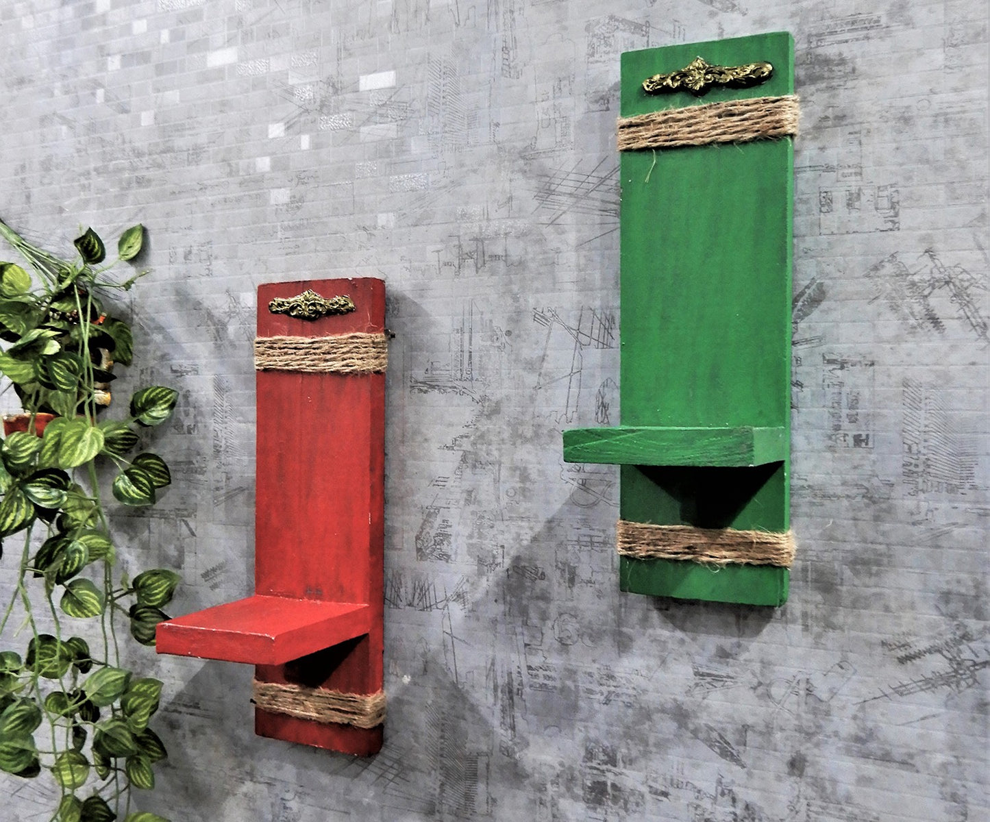 Udaipur Handicrafts Wood Green and Red Wall Shelves Combo Wall hanging