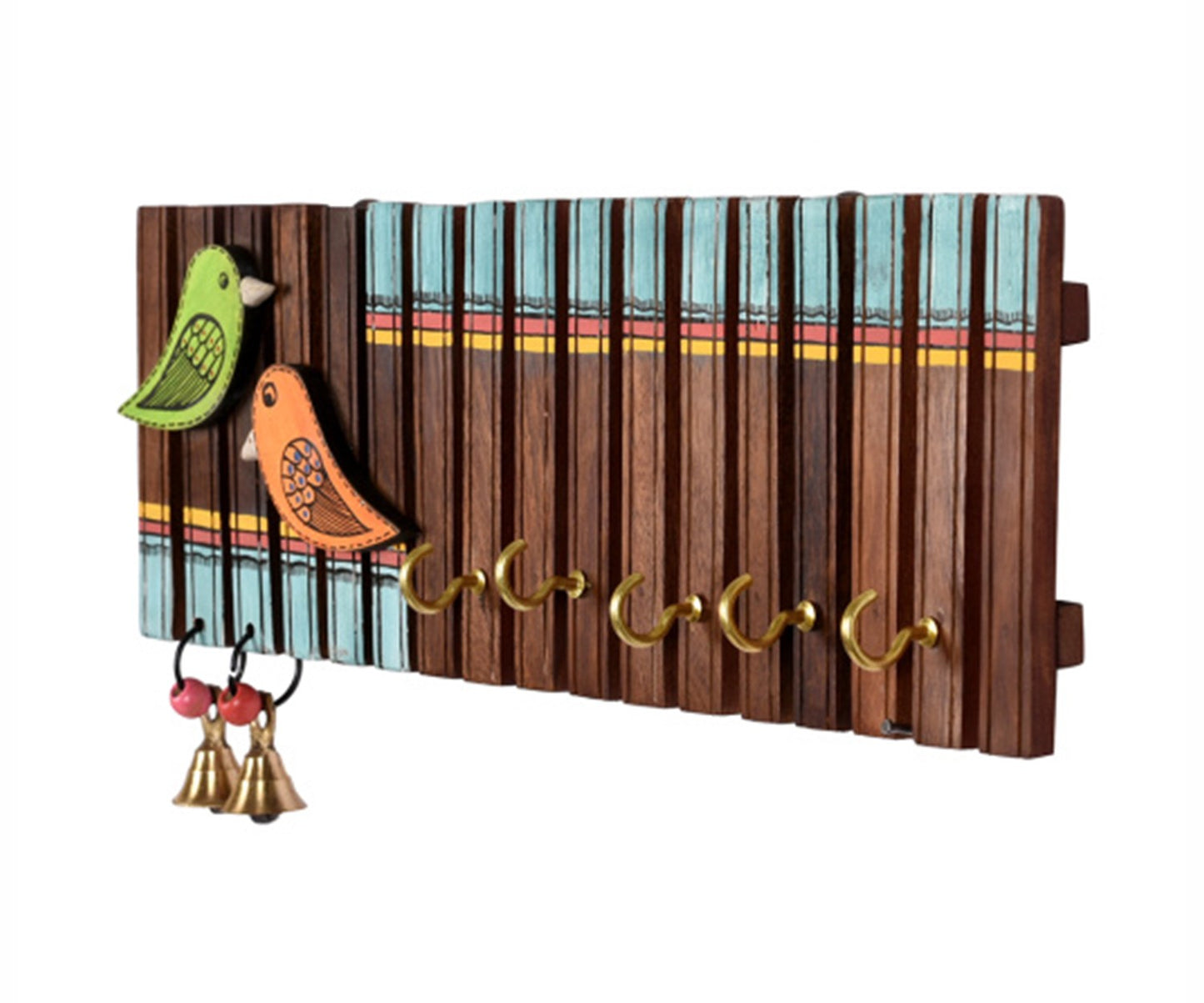 Udaipur Handicrafts Wood Handcrafted Tribal Art Wooden Stripes And Birds Key Holder