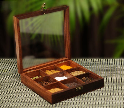 Udaipur Handicrafts Wood Brown Decorative Multi Purpose Spice Box With Nine Partitions And Spoon