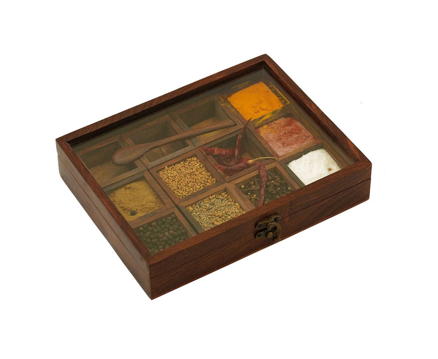 Udaipur Handicrafts Decorative Multi Purpose Wooden Spice Box With 12 Containers And Spoon