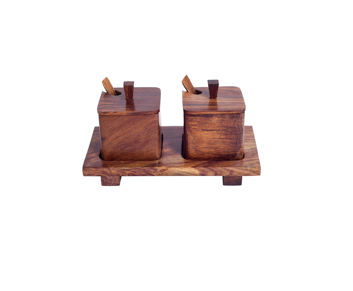 Udaipur Handicrafts Brown Set of 2 Hand carved Wooden Jars with Spoon and Tray