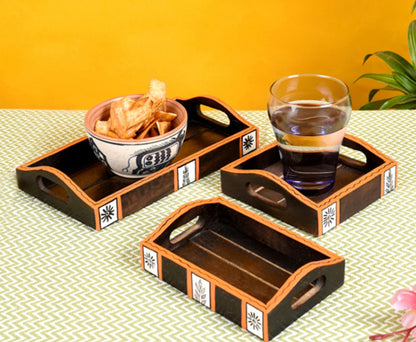 Udaipur Handicrafts Wood Natural Brown Tribal Art Serving Trays - Set of 3