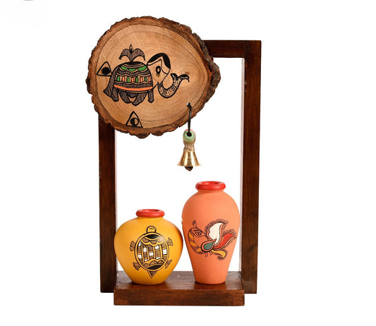 Udaipur Handicrafts Multicolor Wooden Shelf With Two Round Coaster Design Pots