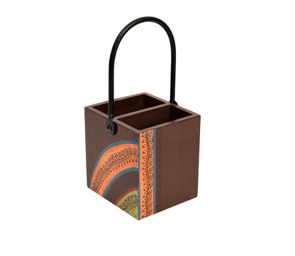 Udaipur Handicrafts Floral Pattern Handcrafted Wooden Cutlery Stand with Iron Handle