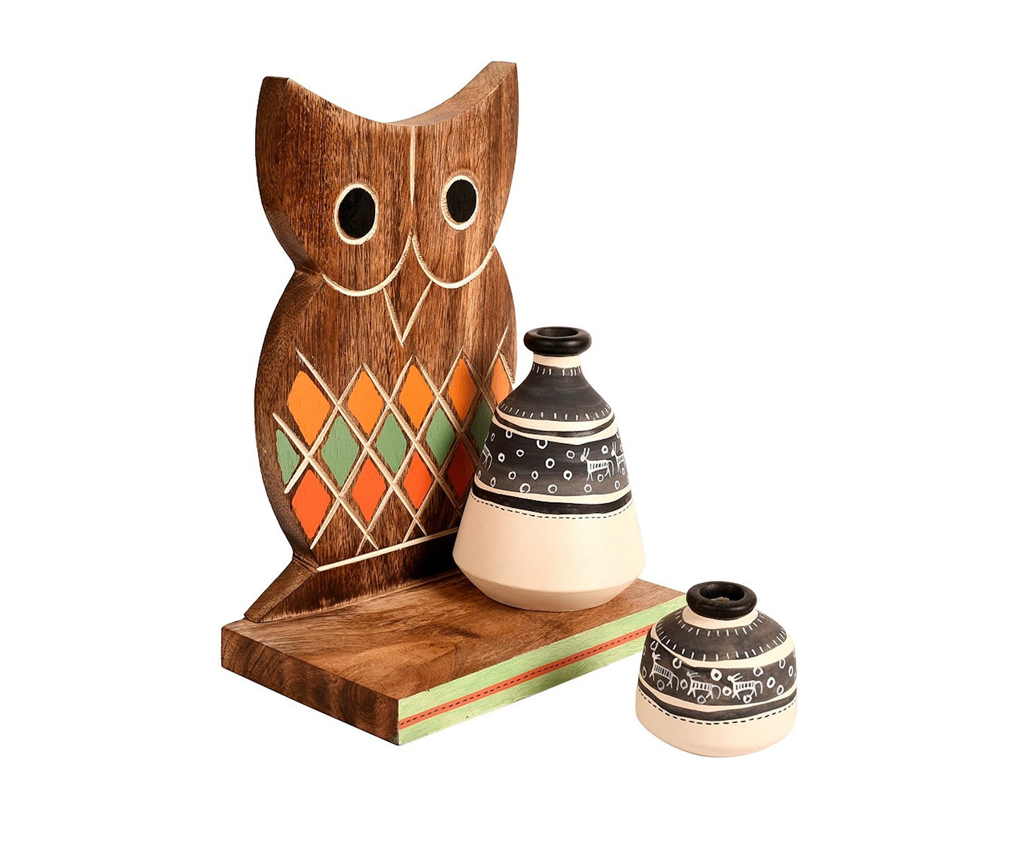 Udaipur Handicrafts Natural Brown Owl Shelf With Two Pots