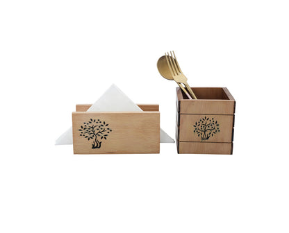 Udaipur Handicrafts Tree of Life Sheesham & Beech Wood Cutlery Holder and Napkin Holder Set of 2