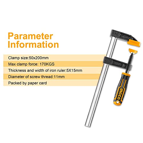 INGCO F Clamps (50x150mm), Steel f clamp with Rubberized Handle and Surface Protection PVC Cover for Better Grip Metal F Clamps for Woodworking Glass and Welding Works