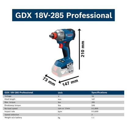 BOSCH GDX 18V- 285 Professional Cordless Impact Wrench/Driver Kit (Hybrid tool) | 18 V| 2 x 2.0 Ah Batteries| 285 Nm Torque | 2-in-1 Tool | L- Boxx included | Model 06019N21F2 | 1 year warranty
