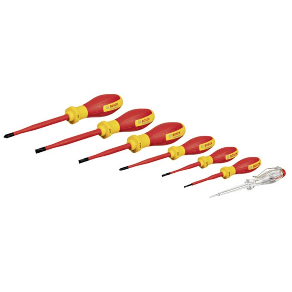 BOSCH Professional VDE Insulated Screwdriver Set SL/PH with Single-Pole Phase Tester – 7-Piece Electrical Tool Kit
