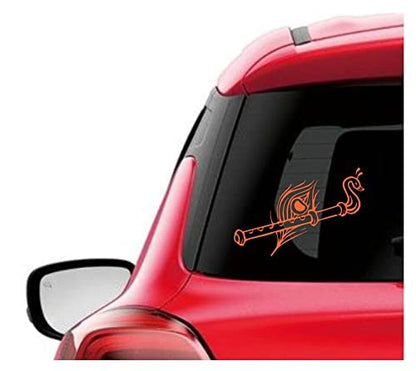 Akshar Arts Bhuwana Krishna Flute Wall Car Glass Glossy Vinyl Sticker 7 x 3.5 Inches Orange