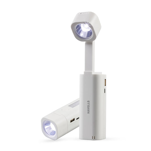 Havells Orbital 2-in-1 Rechargeable Torch 4W| Converts into Table Lamp| Inbuilt Power Bank |Side Light | Mobile Stand | Type-C Charging| Runtime : Upto 6 Hours | Outdoor, Reading, Mobile Charging