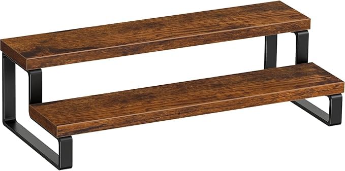 Udaipur Handicrafts Wooden Display Riser Shelf, Kitchen Counter Shelf Spice Rack Organizer, Tiered Countertop Display Shelf for Perfume, Makeup, Condiment(Brown Color) (2-Tier)