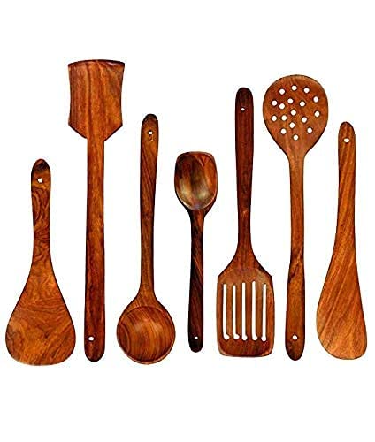 Udaipur Handicrafts Wooden Spoon for Cooking and Serving (Set of 7 (with Holder))