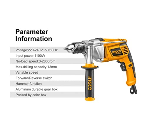 INGCO Impact Drill, 1100W,2800rpm,13mm Hammer Drill Machine, Aluminum Gear Box, Variable Speed Corded Drill Machine, Froward/Reverse Switch Electric Drill with Depth Gauge for Home Construction Concrete