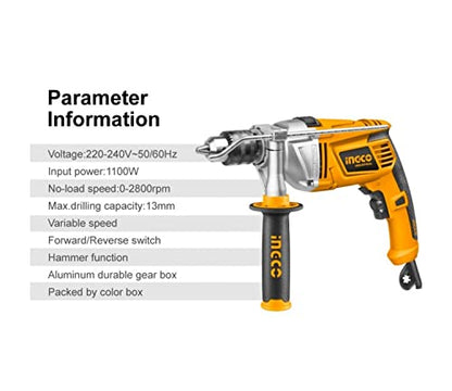 INGCO Impact Drill, 1100W,2800rpm,13mm Hammer Drill Machine, Aluminum Gear Box, Variable Speed Corded Drill Machine, Froward/Reverse Switch Electric Drill with Depth Gauge for Home Construction Concrete