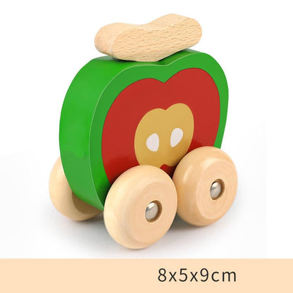 UdrCrafts® Montessori Wooden Mini Car Set Beech Wood Trolley & Grasping Toys for Kids Fun Fruits & Vehicles Design (Pack of 4)
