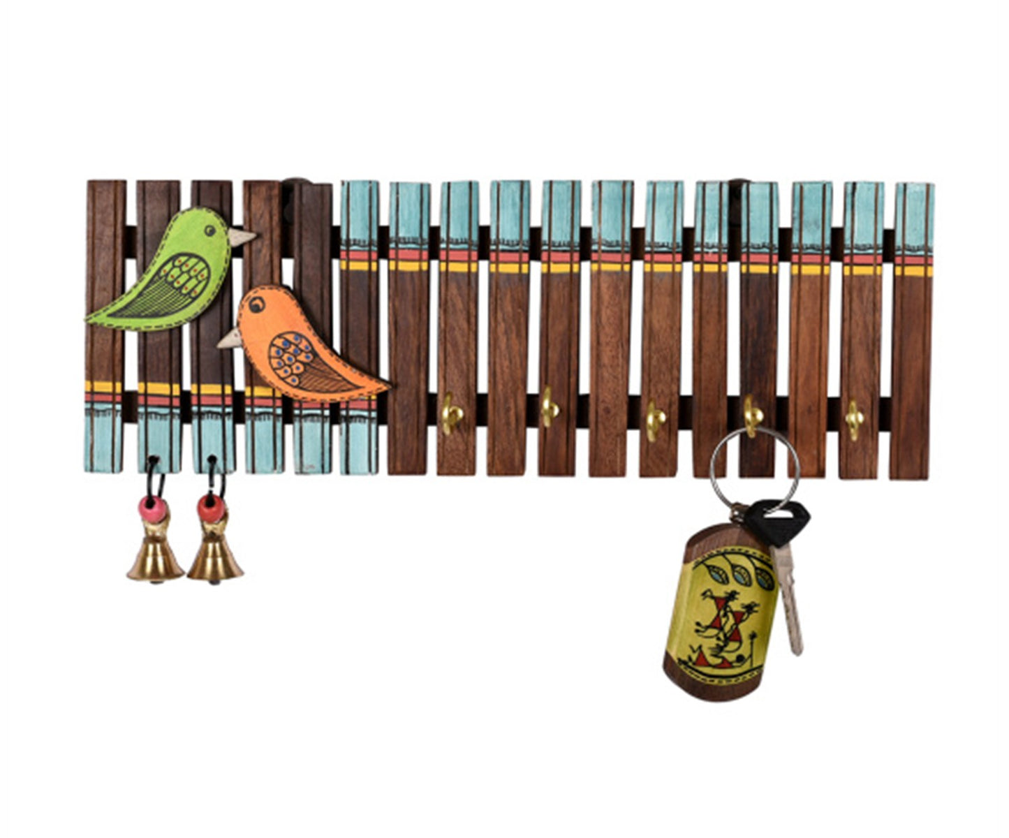 Udaipur Handicrafts Wood Handcrafted Tribal Art Wooden Stripes And Birds Key Holder