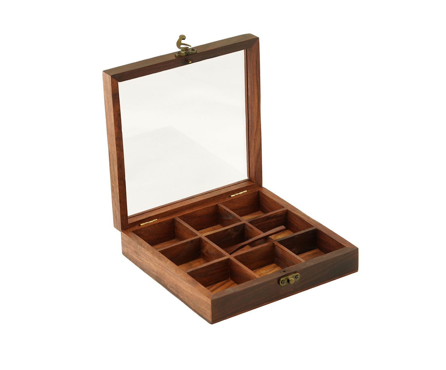 Udaipur Handicrafts Wood Brown Decorative Multi Purpose Spice Box With Nine Partitions And Spoon