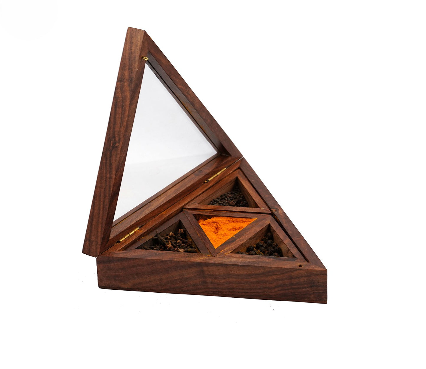 Udaipur Handicrafts  Wooden Spice Box In Triangle Shape With 4 Containers And Spoon