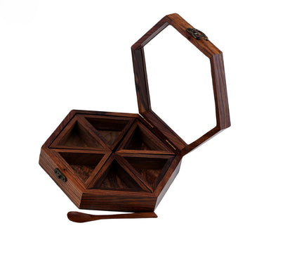 Udaipur Handicrafts Wooden Hand Crafted Spice Box With 6 Containers And Spoon