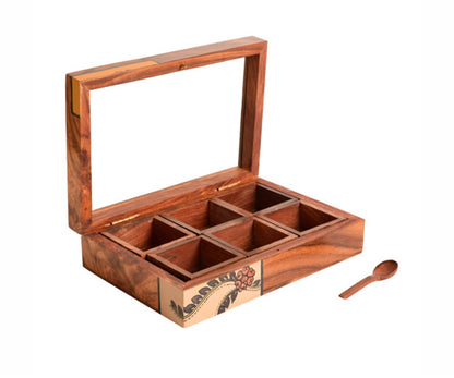 Udaipur Handicrafts  Wood Brown  Spice Box With Six Partitions And Spoon
