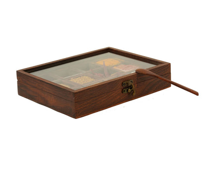 Udaipur Handicrafts Decorative Multi Purpose Wooden Spice Box With 12 Containers And Spoon