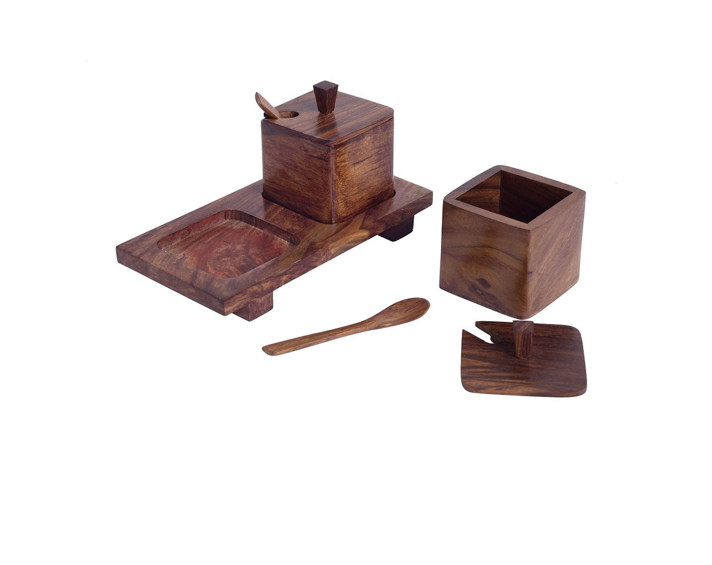 Udaipur Handicrafts Brown Set of 2 Hand carved Wooden Jars with Spoon and Tray