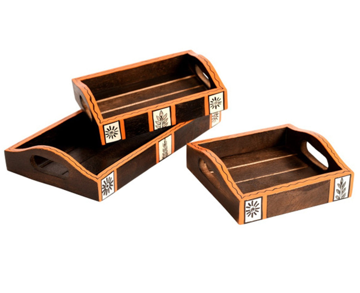 Udaipur Handicrafts Wood Natural Brown Tribal Art Serving Trays - Set of 3