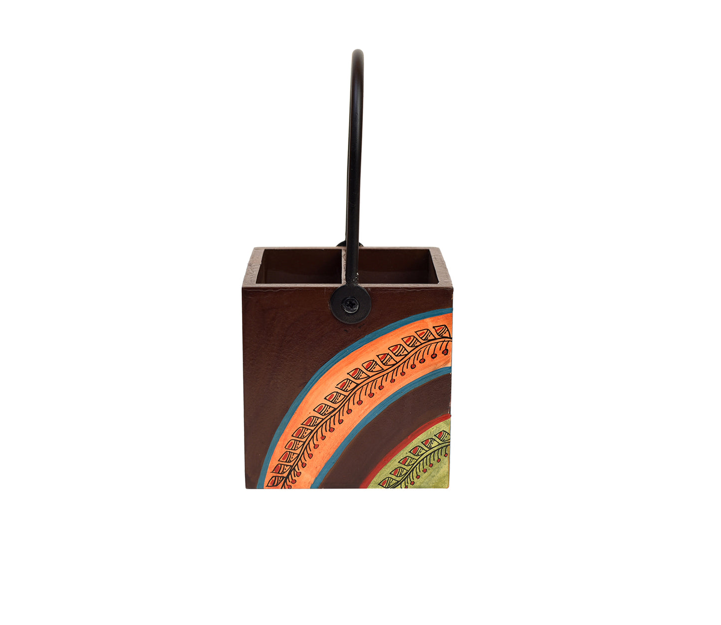 Udaipur Handicrafts Floral Pattern Handcrafted Wooden Cutlery Stand with Iron Handle
