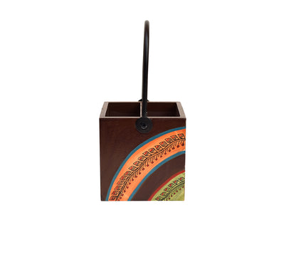 Udaipur Handicrafts Floral Pattern Handcrafted Wooden Cutlery Stand with Iron Handle