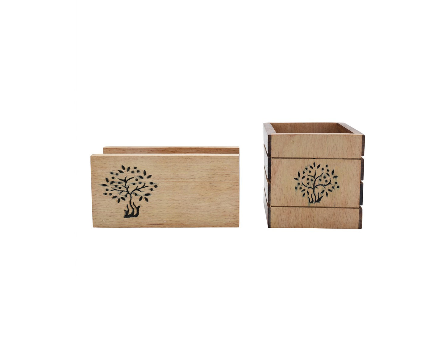 Udaipur Handicrafts Tree of Life Sheesham & Beech Wood Cutlery Holder and Napkin Holder Set of 2