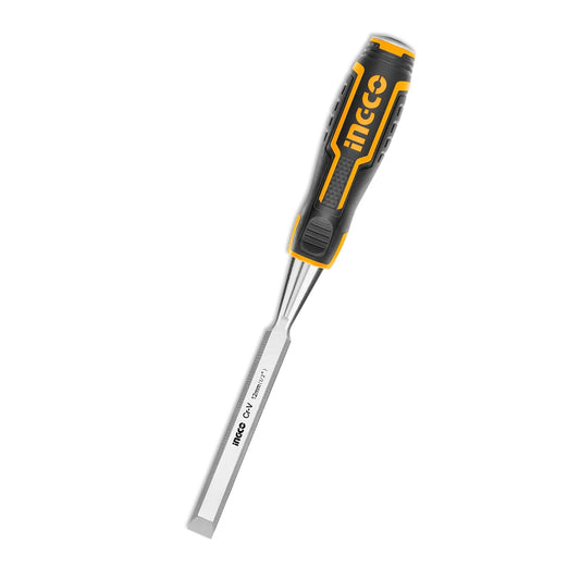 INGCO Wood Chisel, Cr-V | 120mm Width, 15°Bevel Edged, Bi-Material Soft and Shock-Absorbing Grip and Steel Striking Cap Wood Chisel with Hammer End for Woodworking, Carving